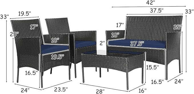 Tangkula 4 Piece Patio Furniture Set, Outdoor Wicker Conversation Set with Tempered Glass Coffee Table, Rattan Loveseat & Chairs Set with Seat Cushions for Backyard, Garden, Poolside (1, Navy)