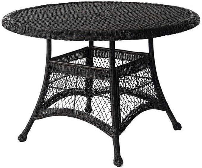 Pemberly Row 44" Round Wicker Patio Dining Table, Black Finish, All-Weather Resin Wicker, Durable Steel Frame, Outdoor Table for Deck, Patio, or Poolside