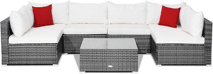 DORTALA 7 Pieces PE Rattan Patio Furniture Set, All-Weather Wicker Conversation Set W/Soft Cushions & Pillows, Coffee Table, Outdoor Sectional Sofa Set for Balcony, Poolside, Backyard, White