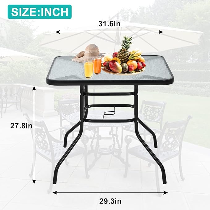 32" Square Outdoor Dining Table - Tempered Glass Top with Umbrella Hole,Weather-Resistant Metal Patio Table for Backyard,Poolside, Balcony, Garden - Black