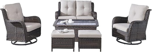 Rilyson Wicker Patio Furniture Set - 6 Piece Rattan Outdoor Sectional Conversation Sets with 2 Swivel Rocking Chairs,2 Ottomans,1 Loveseat and 1 Coffee Table for Porch Deck Garden(Brown/Beige)