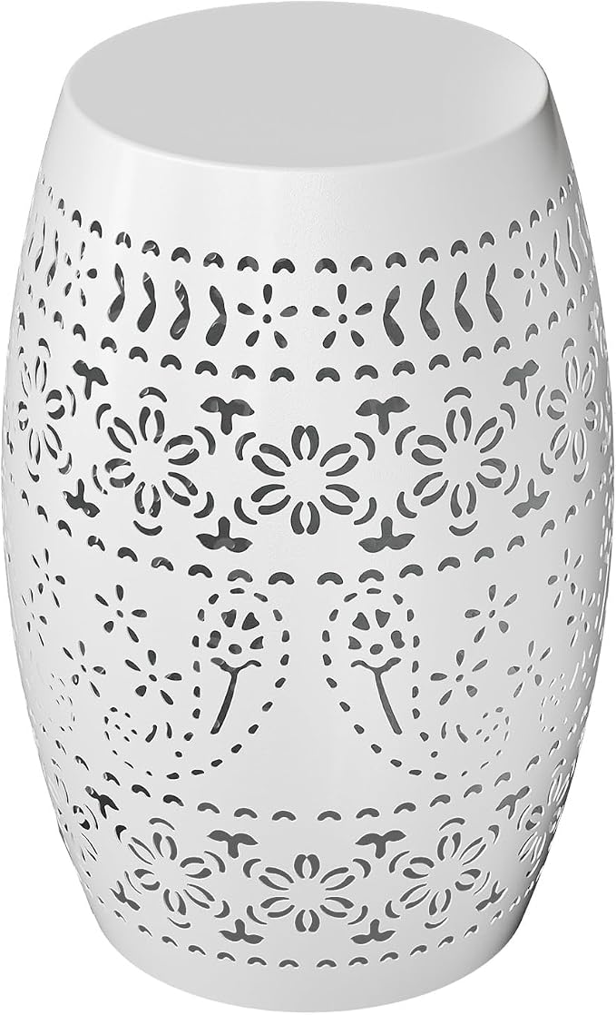 Iron Side Table for Outdoor Porch - White Cute Round Hollow Drum End Tables - Small Decorative Round Accent Table for Balconies or Patios