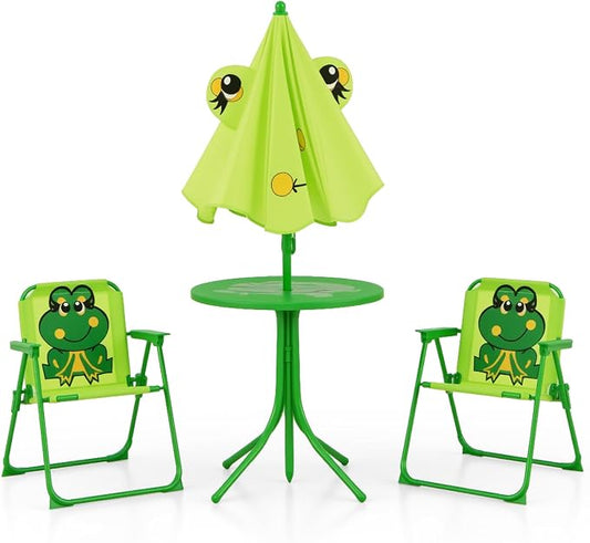 KOTEK Kids Picnic Table with Umbrella, Outdoor Table & 2 Folding Chairs, Cute Pattern Children’s Patio Furniture, Portable Kids Table and Chair Set for Backyard, Garden, Beach (Bright Green)