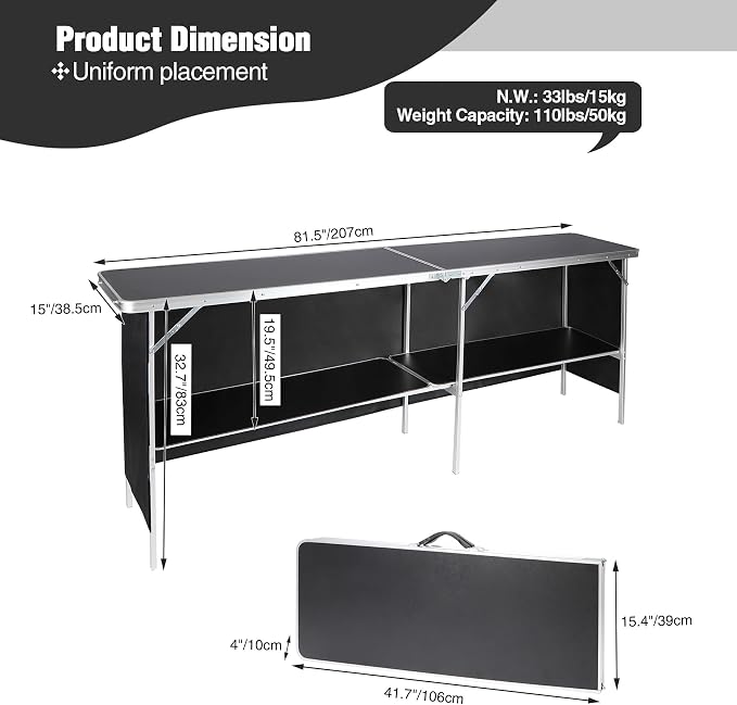 REDCAMP Portable Bar Table, Pop Up Folding Mobile Bar Bartender Table with Carry Bag for Events, Party, Camping, Tradeshow, Exhibition, Easy Setup, Black, 82"x33"x15"