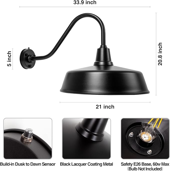 Gooseneck Barn Light, 21inch Dusk to Dawn Black Outdoor Wall Sconce | Weatherproof Steel Exterior Large Lighting Fixture, E26 Base, Easy DIY Install for Porch, Garage, Barn, Farmhouse(1 PC)