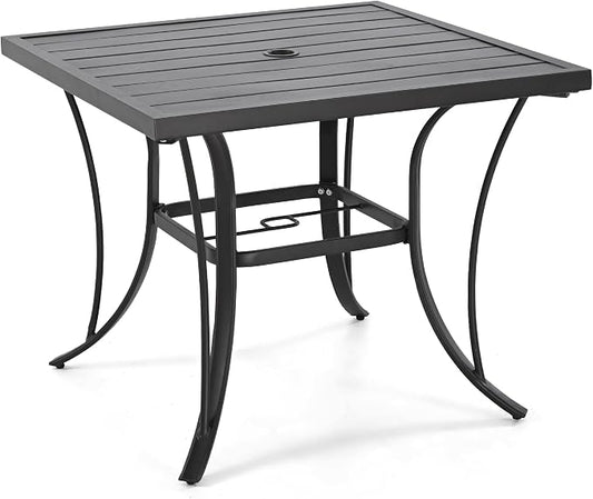 HAPPATIO Patio Dining Table, 4 Person Black Square Patio Backyard Furniture Table，Metal Steel Slat Dining Table with Umbrella Hole Dia 2"（35" x 35" x 28.5"）