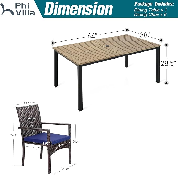 PHI VILLA 7 Piece Patio Dining Set, 64” Wood-Like Table, Rattan Chairs | Outdoor Dining Set for 6, Rectangular Table with Umbrella Hole, Wicker Chairs with Cushions for Patio, Deck, Porch