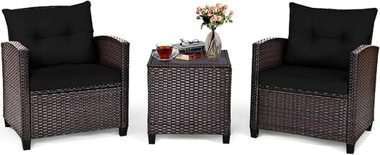 DORTALA Wicker Patio Furniture Set 3 Piece, Outdoor Table and Chairs with Tempered Glass Tabletop, Cushions, Small Rattan Conversation Sofa Set for Balcony, Porch, Backyard, Deck, Black