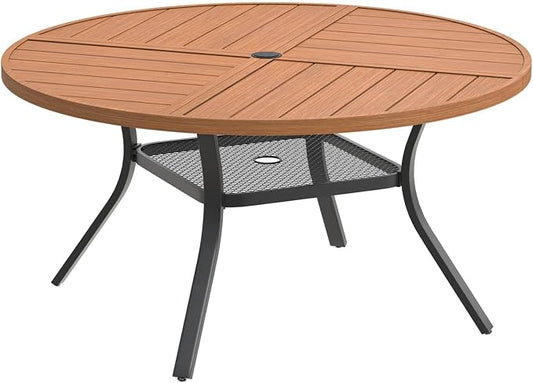DIFY 47.2" Round Outdoor Patio Dining Table for 6, Metal Patio Table with 1.57" Adjustable Umbrella Hole, All-Weather Outdoor Furniture Table for Garden Backyard Deck, Walnut