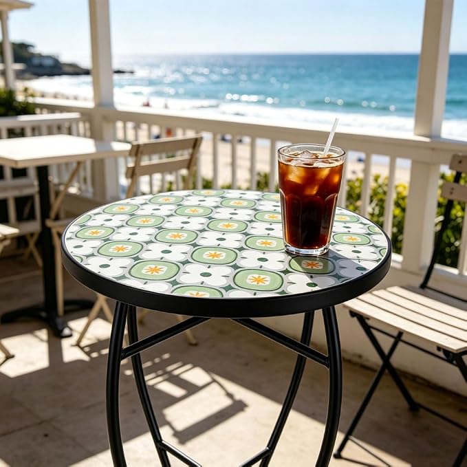 14 Inch Mosaic Patio Side Table with X-Curved Legs, Indoor Outdoor Accent Round End Table with Ceramic Tile Tops for Yard, Garden, Living Room, Bistro, C - Granny Square