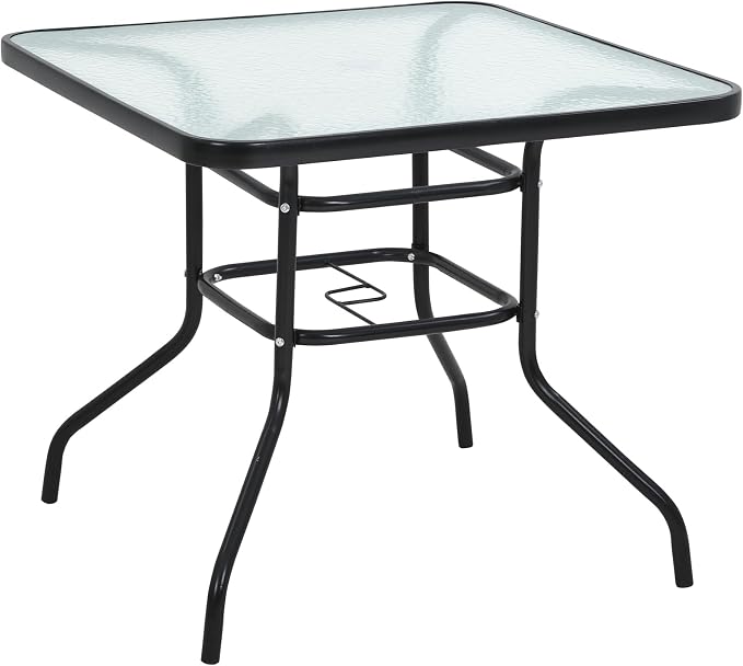 Outdoor Patio Table with Umbrella Hole, 32 Inches Tempered Glass Top Square Patio Table,Conversation Coffee Table Metal Steel Frame All-Weather Furniture for Balcony, Backyard and Poolside