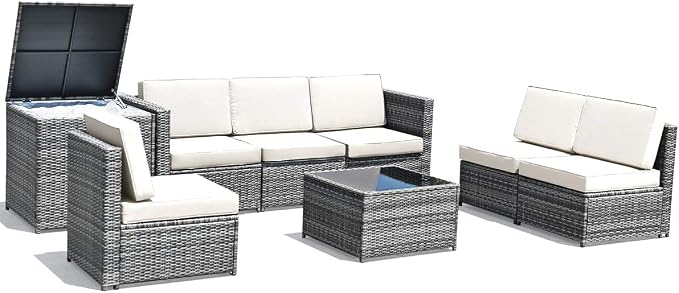 Tangkula 8 Pieces Wicker Patio Furniture Set with Storage Deck Box, PE Rattan Outdoor Sectional Sofa Conversation Set with Coffee Table & Cushions, Outside Furniture for Garden Yard Poolside (White)