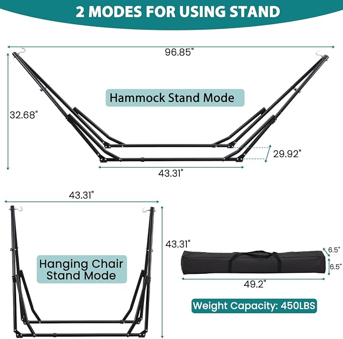 Hammock with Portable Steel Stand and Carrying Bag for Outside,Easy Set Up for Outdoor,Indoor,Backyard,Patio,Camping,Garden,Trip (Black)
