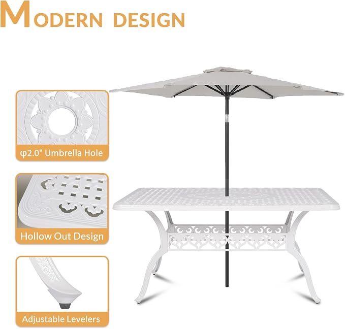 7-Piece Outdoor Patio Dining Set, 60” Rectangular Cast Aluminum Dining Table with Umbrella Hole and 6 Cushioned Swivel Rocker Chairs, Patio Funiture Set for Backyard, Patio, Garden, White