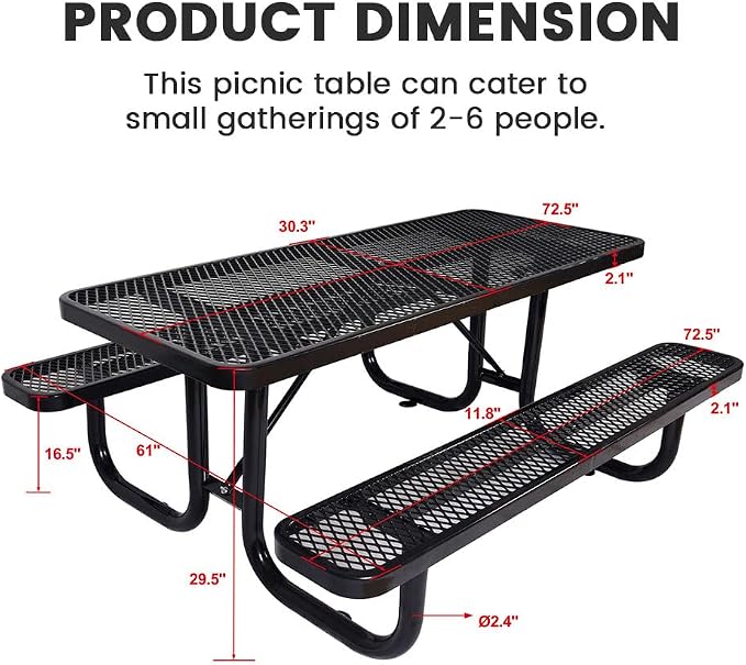 72" Rectangular Metal Picnic Table for 4-8 Person, Durable Heavy Duty Commercial Picnic Table with Umbrella Hole for Outdoor Coffee Shop, School, Hospital, Easy to Install, Black