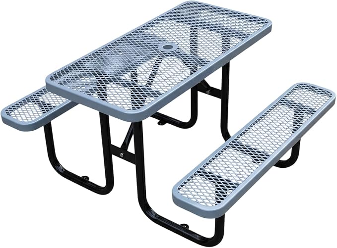 4ft Rectangular Picnic Table – Heavy-Duty Metal Mesh Outdoor Dining Table, Thermoplastic Coated Steel, Outdoor Living, Parks & Schools (Gray)