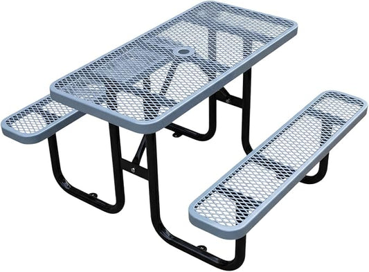 4ft Rectangular Picnic Table – Heavy-Duty Metal Mesh Outdoor Dining Table, Thermoplastic Coated Steel, Outdoor Living, Parks & Schools (Gray)