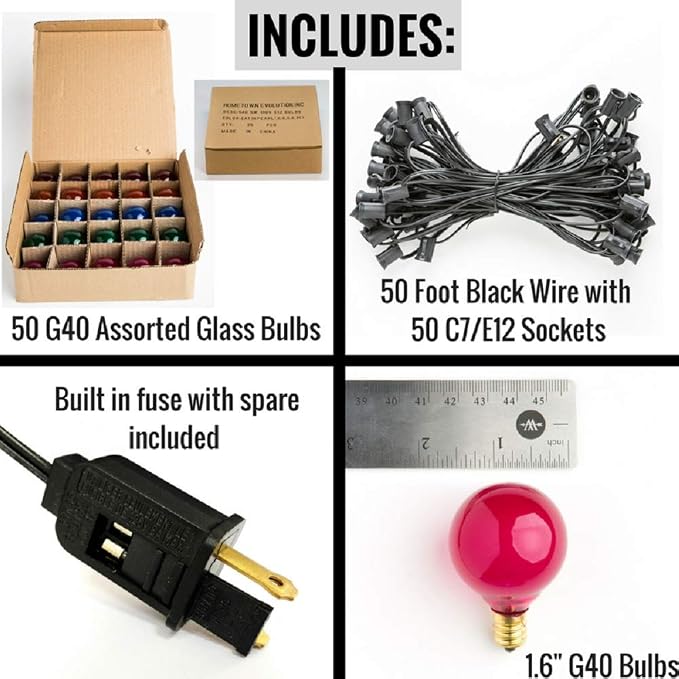 G40 Assorted Satin Pearl Colored String Lights (50 Foot – Black Wire) | G40 Assorted 1.6" Bulbs, Outdoor Globe Patio String Lights