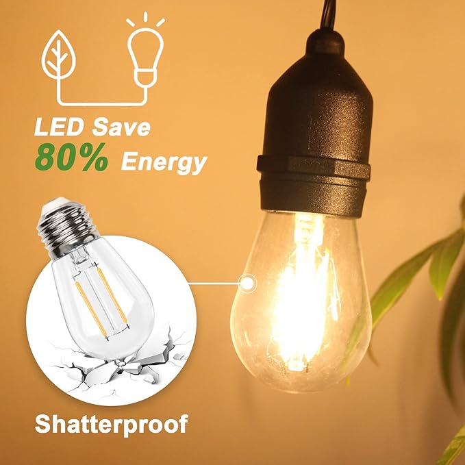 12FT Outdoor String Lights with 5 LED Edison Bulbs 2W Shatterproof | Commercial Grade Waterproof Outside Light 2700K Warm White for Bistro Gazebos Porch Patio Garden