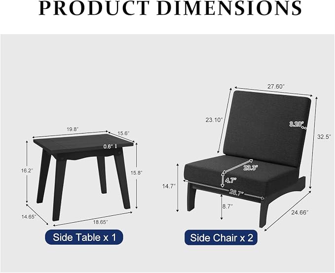 Pia Ricoo 3 Piece Patio Bistro Set with Patio Chairs and Table, Heavy Duty Wood Patio Furniture Set, All-Weather Outdoor Chairs for Balcony, Deck, Poolside, Porch - Dark Gray/Dark