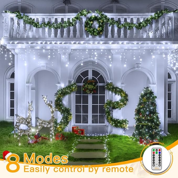 Ollny Icicle Lights for Outside 400LED 32FT, Cool White Christmas Light with Remote 8Modes Timers Waterproof, Plug in Connectable Hanging Lights for Outdoor Indoor House Roof Holiday