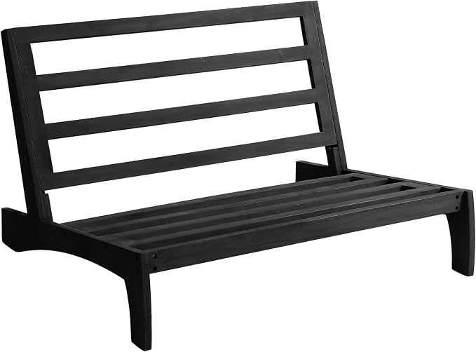 Black Wood Patio Furniture Sets, 3 Pieces All Weather Patio Loveseat Sofa Outdoor Sectional Futniture Backyard Conversation Set with Solid Wooden Coffee Table - Dark Gray