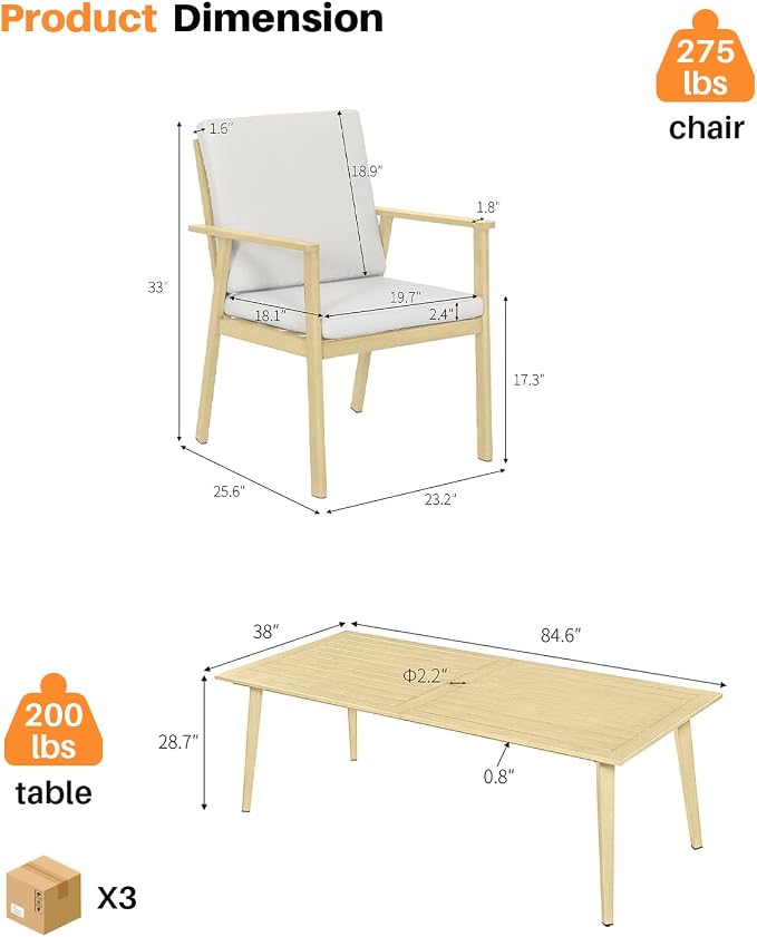9 Pieces Outdoor Dining Set, Never-Rust Aluminum Patio Furniture Set with Umbrella Hole, All-Weather Outdoor Patio Dining Set for 8, Patio Table and Chair Set for Garden, Lawn, Maple Wood