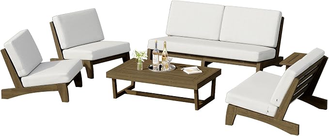 6 Piece Wood Outdoor Patio Frutnire Set, 7 Seater Patio Conversation Sets with Thick Cushions, Outdoor Sectional Furniture with Coffee Table - Beige