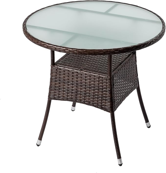 31.5" Patio Rattan Dining Table, Outdoor Patio Wicker Round Dining Table, Frosted Glass Tabletop,Double-Layer Storage, Fits 4-Person Dining for Backyard Deck Porch Poolside, Brown
