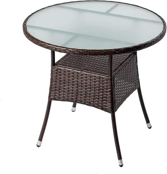 31.5" Patio Rattan Dining Table, Outdoor Patio Wicker Round Dining Table, Frosted Glass Tabletop,Double-Layer Storage, Fits 4-Person Dining for Backyard Deck Porch Poolside, Brown