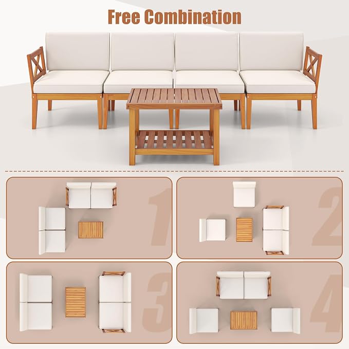 Tangkula 10 Pieces Acacia Wood Patio Furniture Set, Outdoor Sectional Conversation Set with Cushions and 2-Tier Coffee Table, Outdoor Bistro Furniture Set for Garden, Backyard