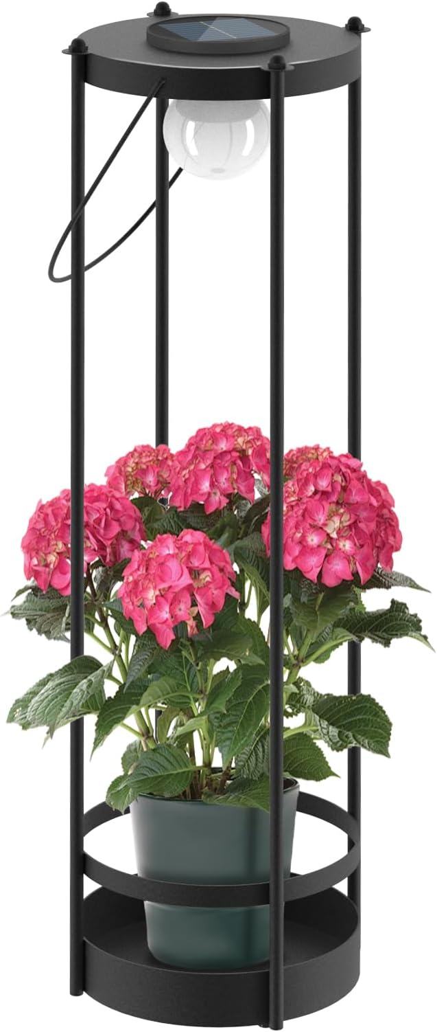 Outdoor Solar Floor Lamp with Plant Stand 2 in 1 Heavy-Duty Metal Flower Pot for Real/Fake Flowers, Adjustable Height, Waterproof Dusk to Dawn, Standing Light for Patio, Yard, Garden (35.5"H - 1Pack)