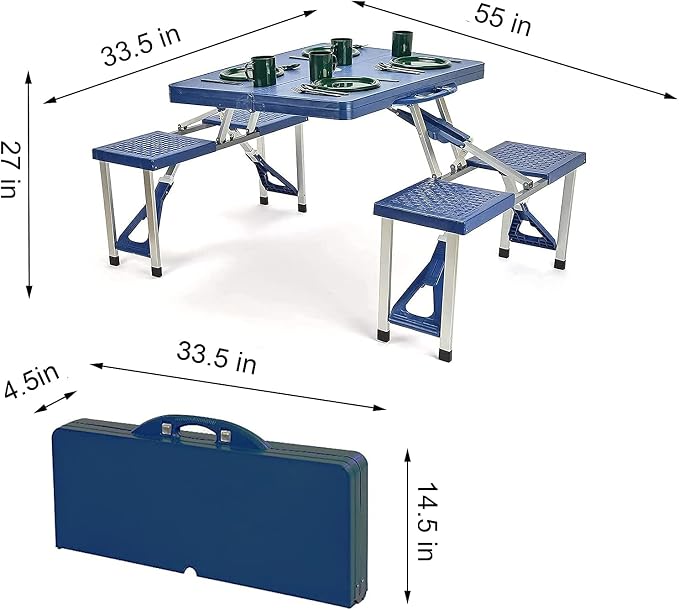 Picnic Table Folding Portable 4-Person Fold Up Travel Camping Table for Indoor, Outdoor Travel, Patio, Lawn, Garden (Blue Table)