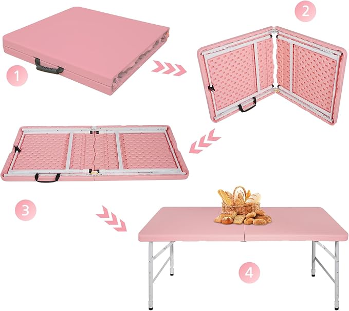 Portable 4Ft Folding Table, Heavy Duty Plastic Fold-in-Half Utility Foldable Table Small, Adjustable Height Plastic Folding Table with Carrying Handle for Camping & Party Indoor/Outdoor (Pink)