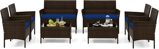 Tangkula 8 Piece Patio Rattan Conversation Set, Outdoor Wicker Furniture Set with Chair, Loveseat & Tempered Glass Table, Cozy Seat Cushions, Outside Sectional Sofa Set for Backyard, Porch