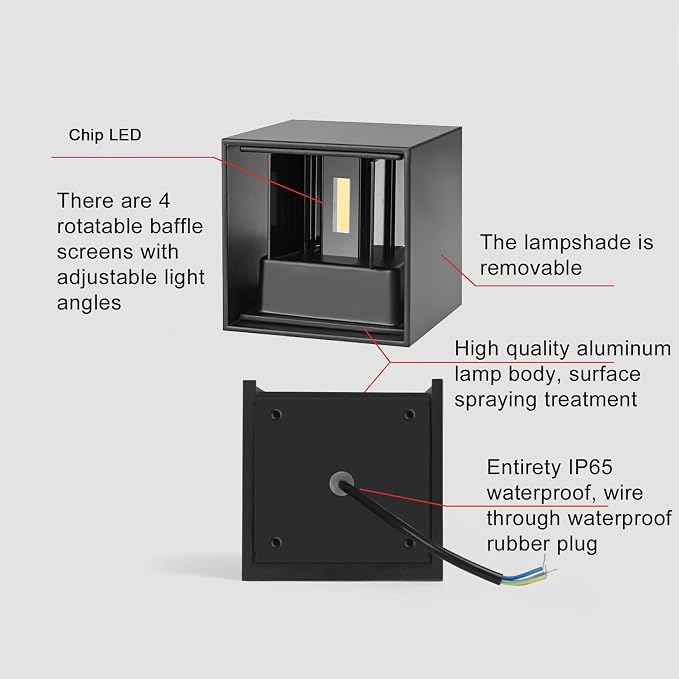 Mille Lucciole 2 Pack LED 20W Outdoor Sconce Wall Lights Interior/Exterior Up and Down Lights IP65 Waterproof Sconce Outdoor Lighting Fixtures Square Aluminum Wall Mount Light Black 6500K Cold Lights