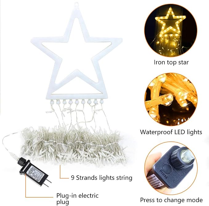 Christmas Decorations, Outdoor Christmas Lights, 320 LED Outdoor Christmas Tree String Lights with 12" Star Toppers [8 Modes& Waterproof] for Xmas New Year Holiday Decor (Warm White)