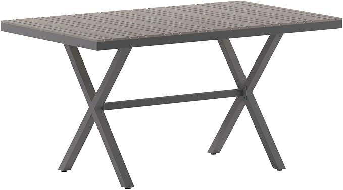 Flash Furniture Finch Commercial Grade X-Frame Outdoor Dining Table 59" x 35.5" with Faux Teak Poly Slats and Metal Frame, Gray/Gray