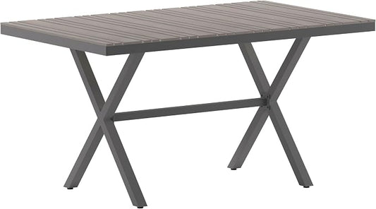 Flash Furniture Finch Commercial Grade X-Frame Outdoor Dining Table 59" x 35.5" with Faux Teak Poly Slats and Metal Frame, Gray/Gray