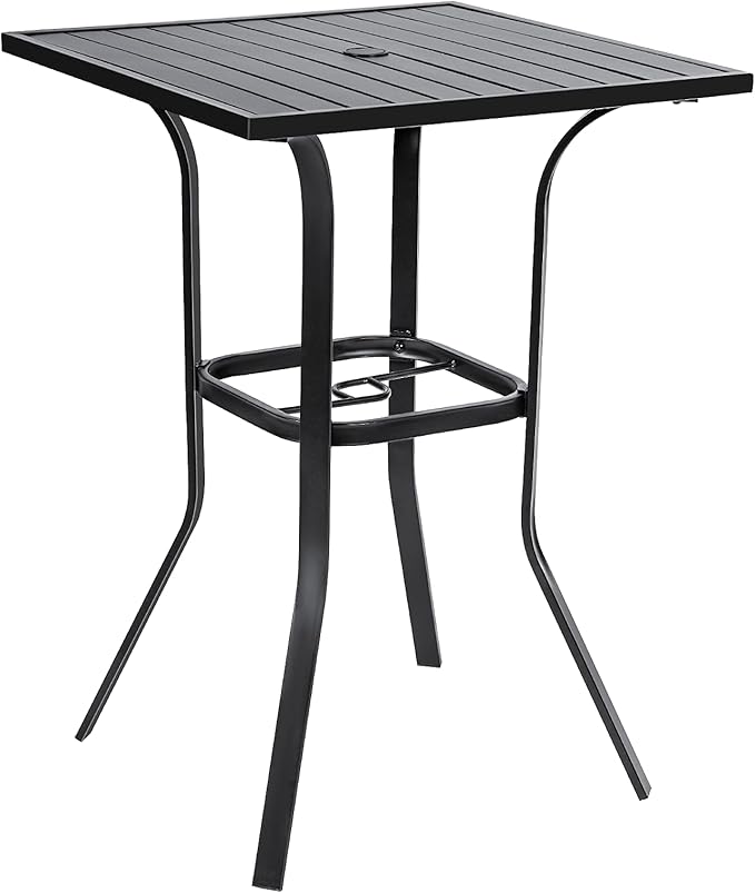 Crownland Patio Bar High 39” Table Metal Frame Outdoor Bar Bistro Table, Slatted Table Top with 1.57" Umbrella Hole, Classic Black