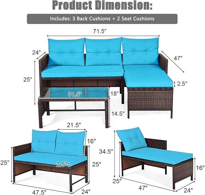 HAPPYGRILL 3 Pieces Rattan Wicker Patio Conversation Set, Outdoor Sofa Table Set with Steel Frame & Seat Cushion, Porch Furniture Set for Garden Lawn Pool Backyard