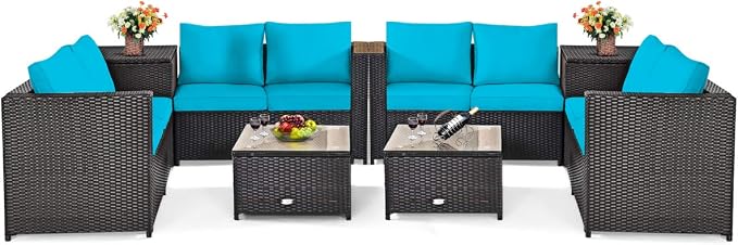 Tangkula 8 Piece Wicker Patio Set with Storage, All Weather-Proof Outdoor Conversation Set with Loveseat, Glass Top Coffee Table & Storage Box, Suitable for Garden, Poolside, Sunroom (2, Turquoise)