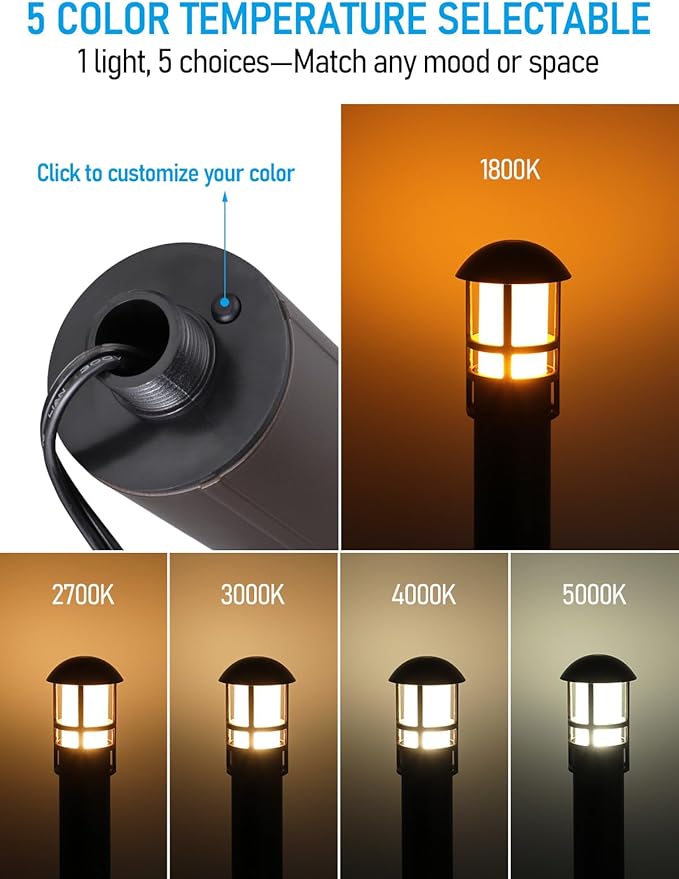 LEONLITE 6-Pack 5CCT Low Voltage Landscape Pathway Lights, 3W, CRI90 | 12-24V AC/DC, Aluminum, ETL, 1800K/2700K/3000K/4000K/5000K, Low Voltage LED Bollard Path Lights, for Walkway Yard Garden