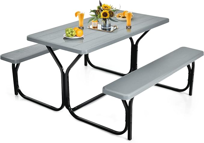 S AFSTAR Picnic Table Bench Set, 59” Expanded Rectangular Picnic Table, Outdoor Table and Bench with Steel Frame & Wood-Like Texture Tabletop, Camping Table Chair Set for Garden Lawn Deck (Gray)