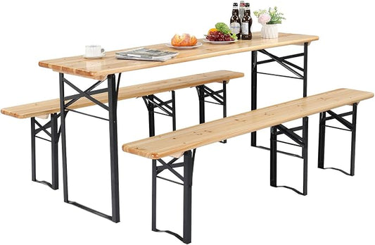 VINGLI 70 Inch Folding Picnic Tables with Benches Set, Weather-Resistant Wooden Beer Garden Table Bench, 3-Piece Portable Fold Up Camping BBQ Table w/Carrying Handles,Natural Wood Color