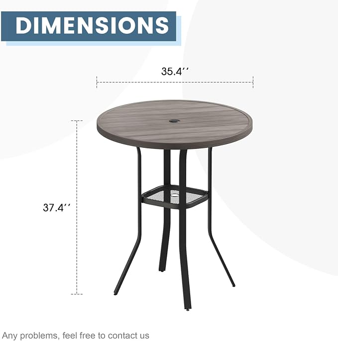 DIFY Patio Bar Height Table, 35.5" Round Outdoor Bistro Table with 1.57" Umbrella Hole for Poolside, Balcony, Pub and Garden, Grey Wood-Like