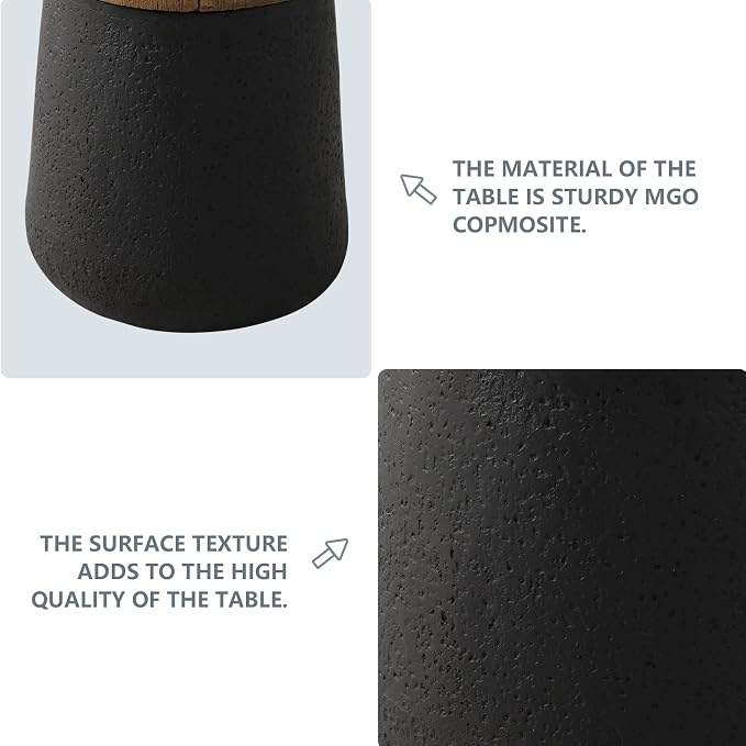 COSIEST Outdoor Side Table Set of 2, 2 Pieces End Table, Cylinder Shaped Patio Side Table, Black Outdoor Concrete Accent Table Stool with Faux-Wood Tree Trunk Slice Top for Outside, Indoor, Garden