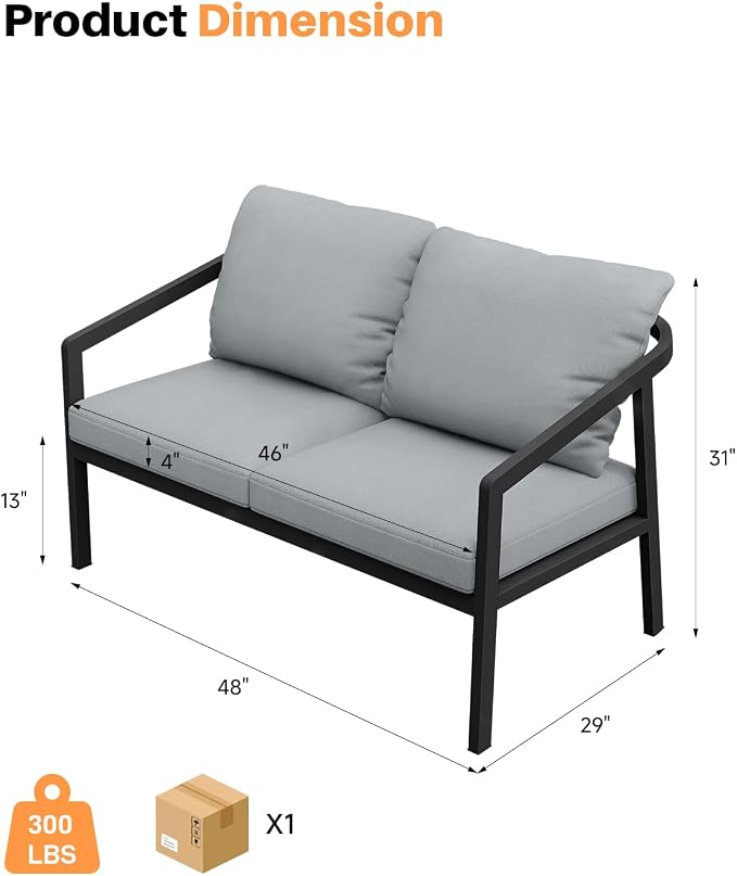 Outdoor Patio Loveseat, Never-Rust Aluminum Outdoor Loveseat Couch with Thick Cushions, Modern 2-Seater Patio Sofa Bench, Outdoor Sofa Loveseat Furniture for Backyard, Garden, Black