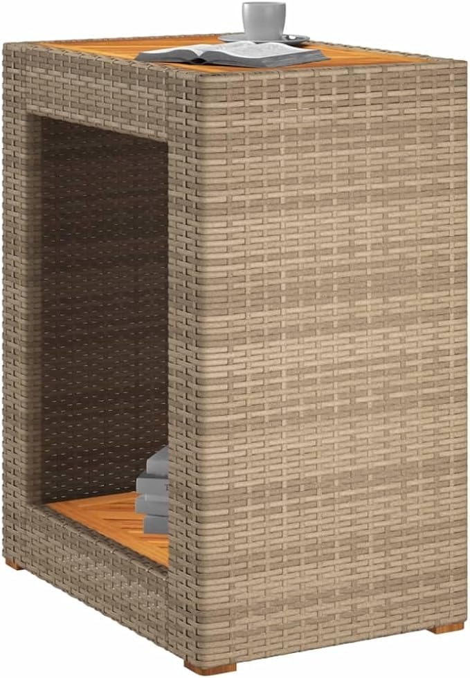 Patio Side Table with Wooden Top Beige 23.6"x15.7"x29.5" Poly Rattan Outdoor End Small Coffee Table for Patio Furniture, Garden, Backyard, or Living Room