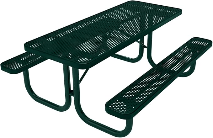 COATEDOUTDOORFURNITURE Heavy-Duty Portable Outdoor Picnic Table, Thermoplastic Coated Punched Steel Patio Furniture Made in America (6ft Rectangular, Dark Green with Dark Green Frames)